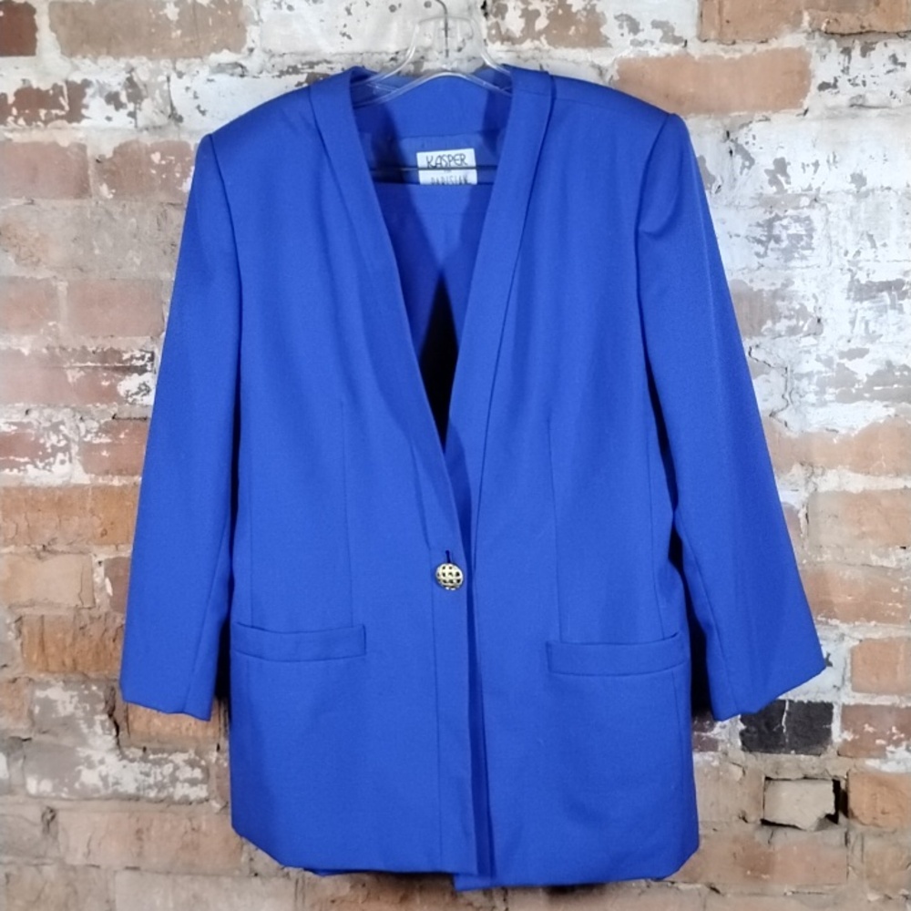 Valerie Stevens Wool Crepe Blazer Skirt Suit Royal Blue S 12 Gold Button Vintage